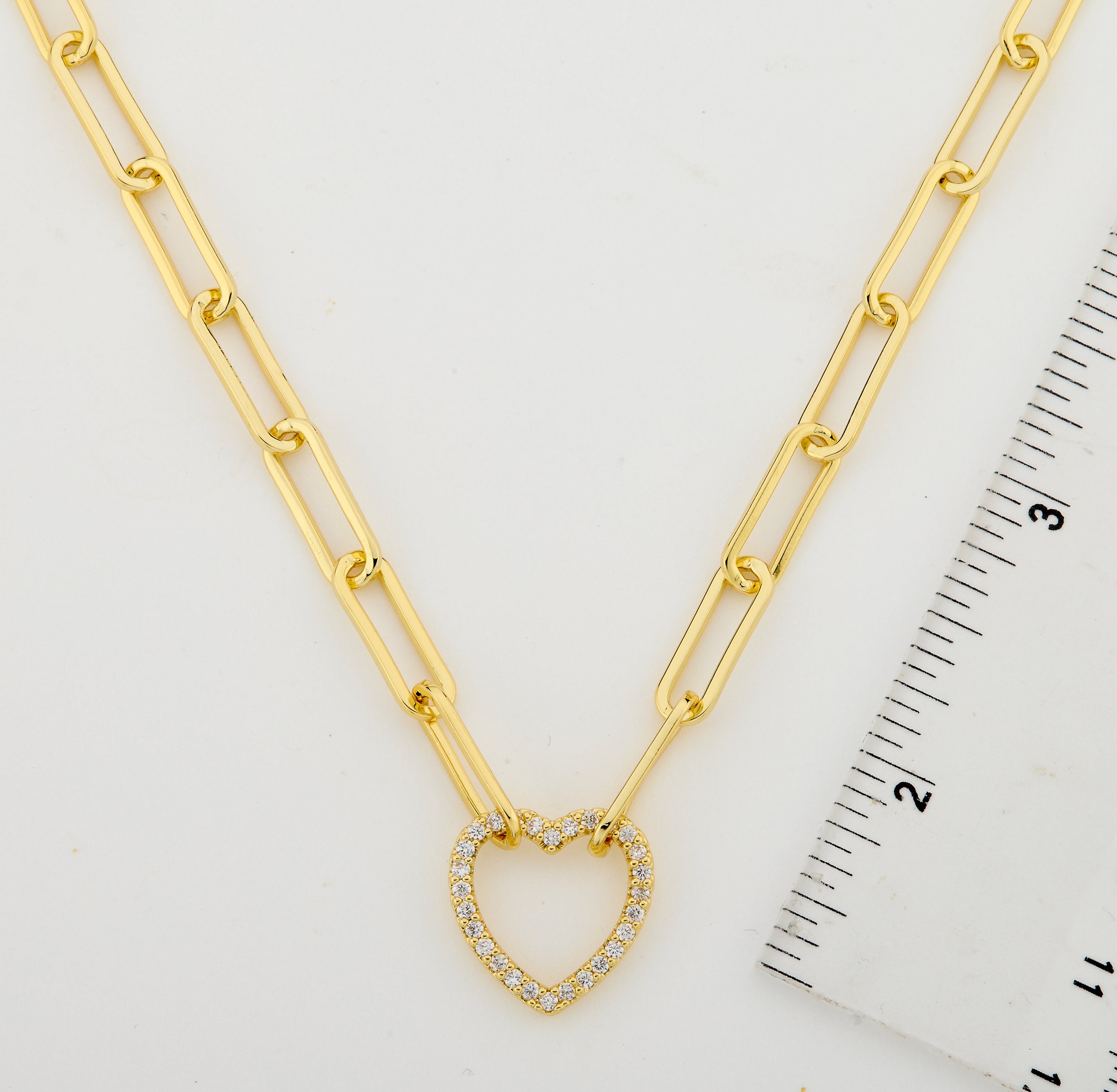 14K Gold Plated Links Chain Necklace With Cz Open Heart Center