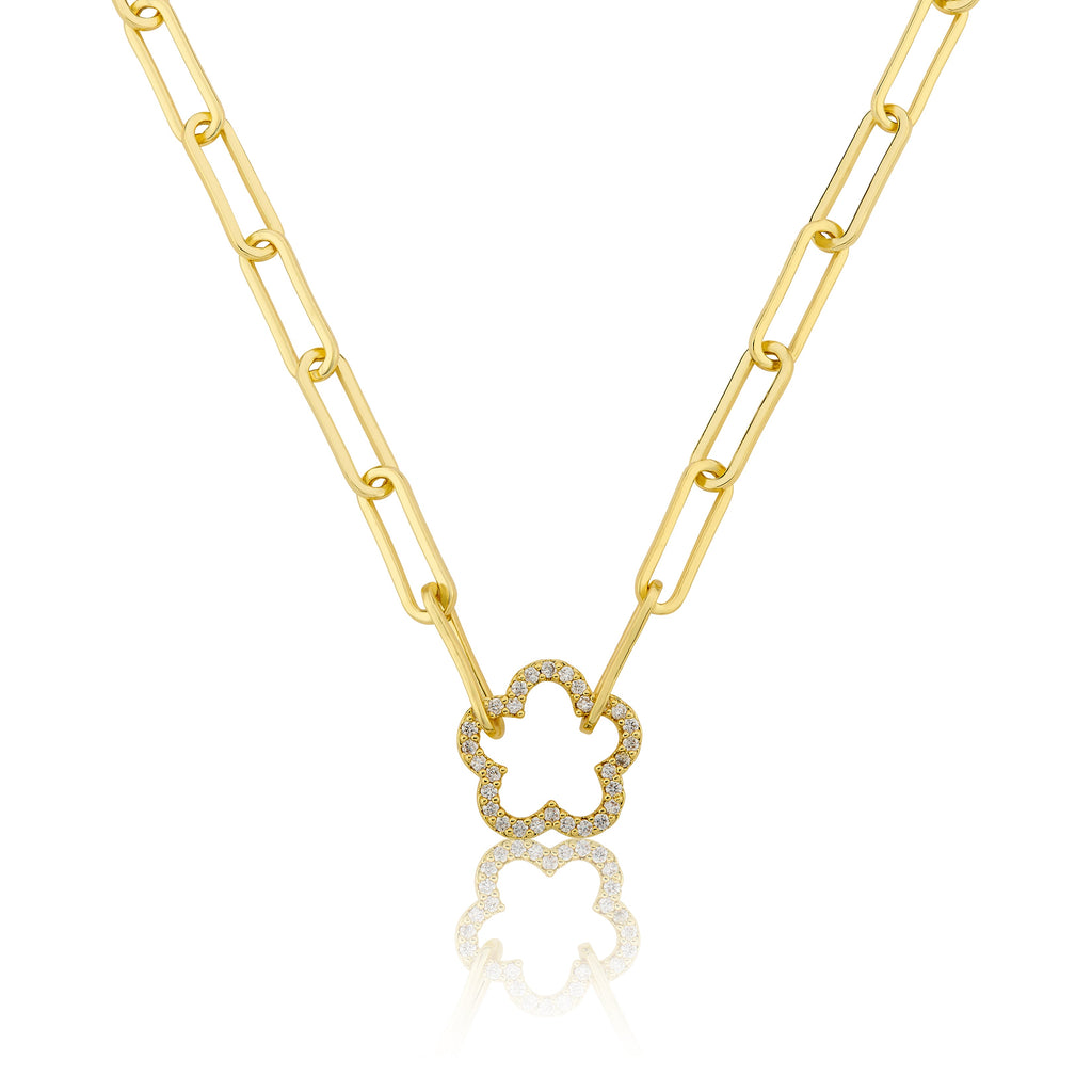 14K Gold Plated Links Chain Necklace With Cz Open Flower Center
