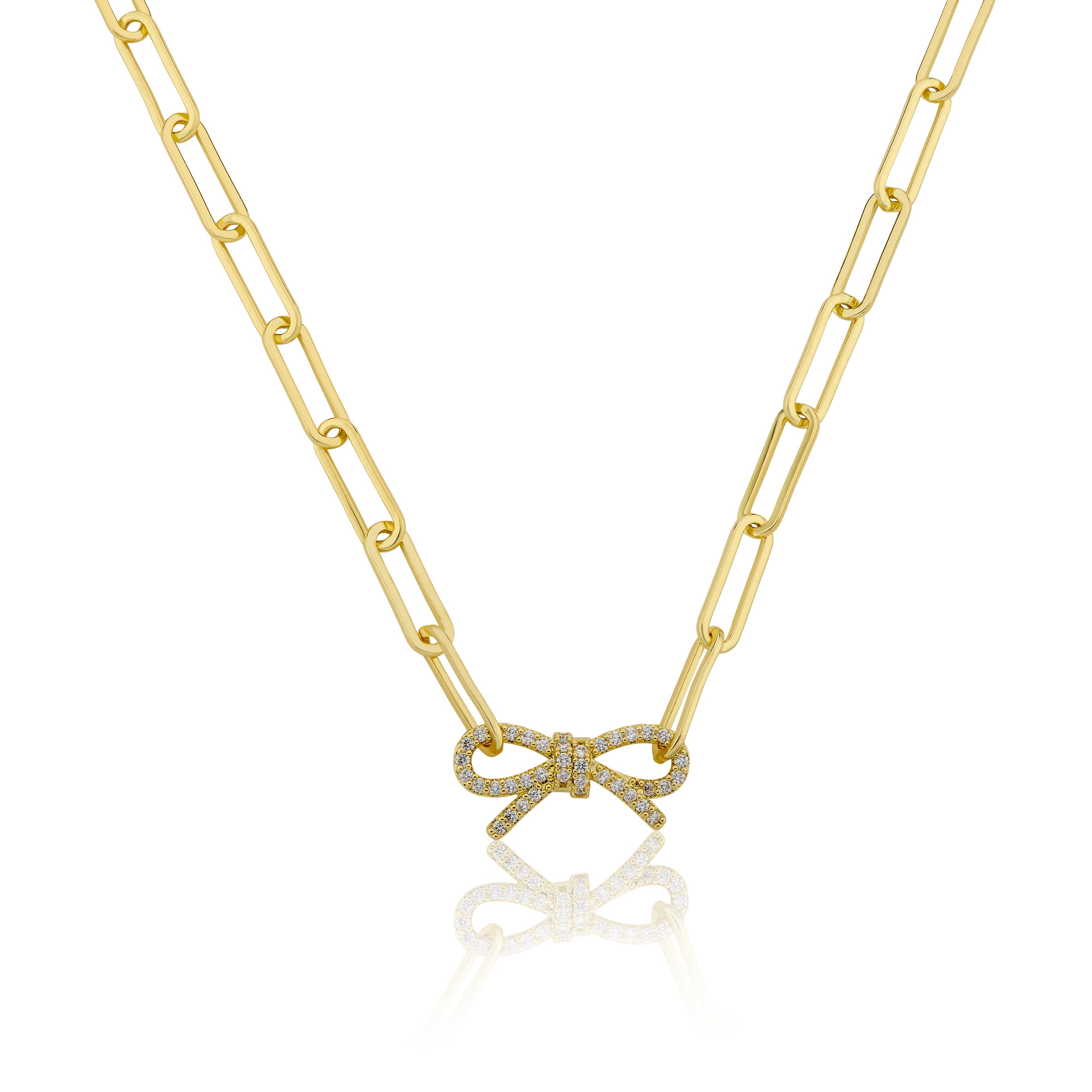 14K Gold Plated Links Chain Necklace With Cz Open Bow Center