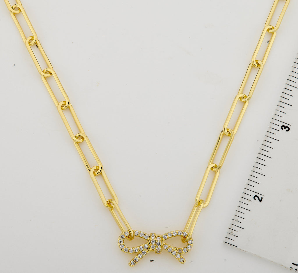 14K Gold Plated Links Chain Necklace With Cz Open Bow Center