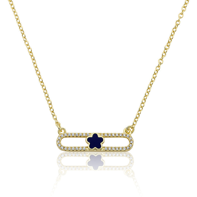 14K Gold Plated Necklace Accented With Cz & Mother Of Pearl Flower Bar Center