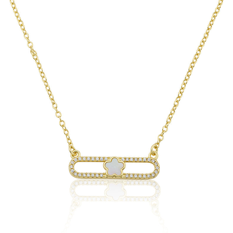 14K Gold Plated Necklace Accented With Cz & Mother Of Pearl Flower Bar Center