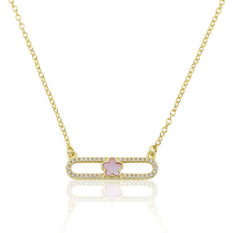14K Gold Plated Necklace Accented With Cz & Mother Of Pearl Flower Bar Center