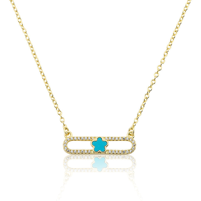 14K Gold Plated Necklace Accented With Cz & Mother Of Pearl Flower Bar Center