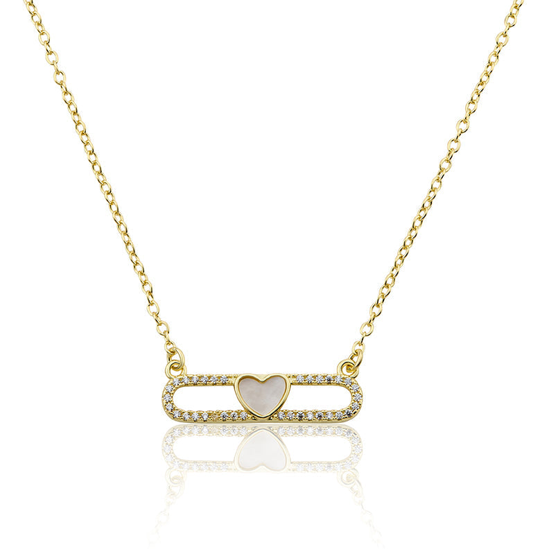 14K Gold Plated Necklace Accented With Cz & Mother Of Pearl Heart Bar Center