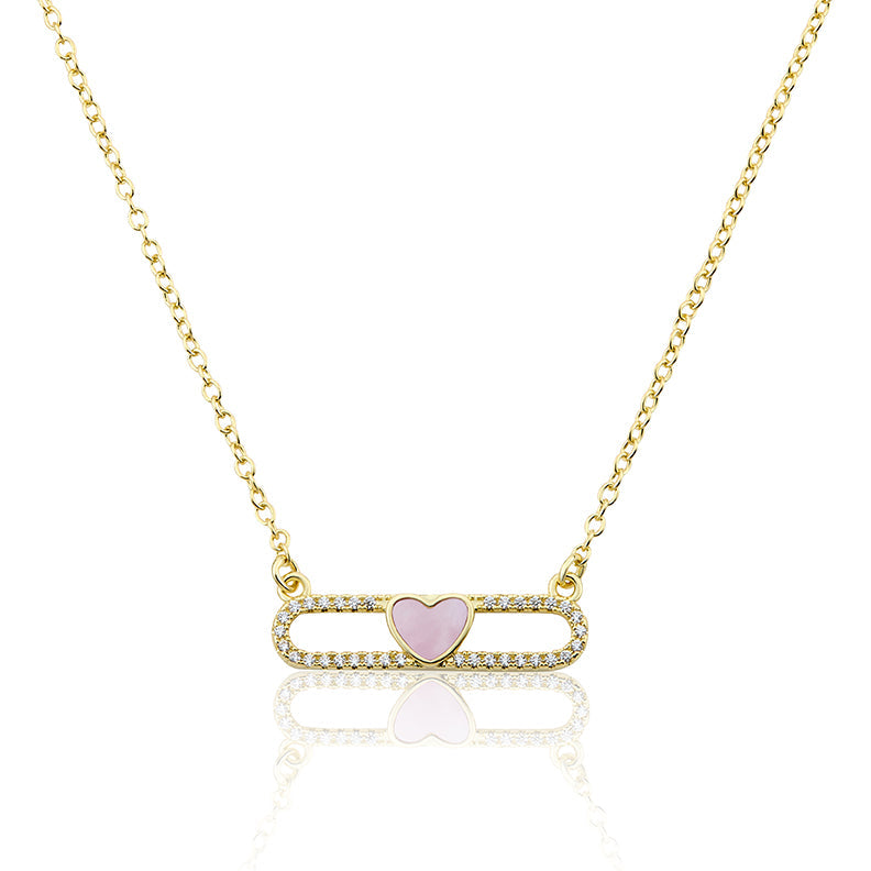 14K Gold Plated Necklace Accented With Cz & Mother Of Pearl Heart Bar Center