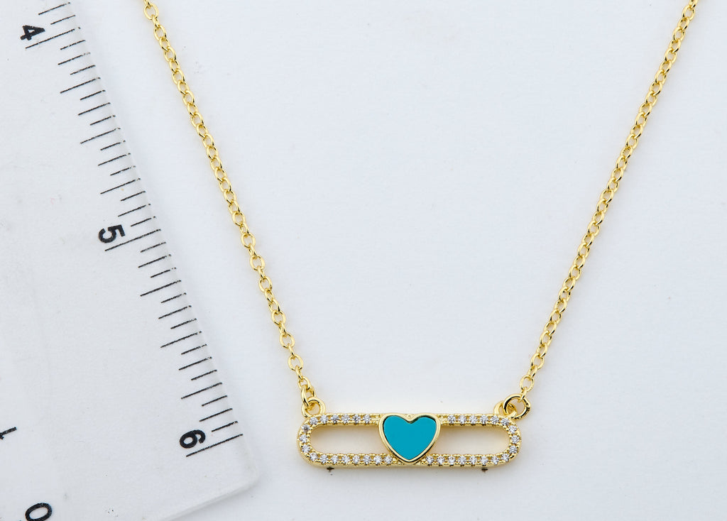14K Gold Plated Necklace Accented With Cz & Mother Of Pearl Heart Bar Center