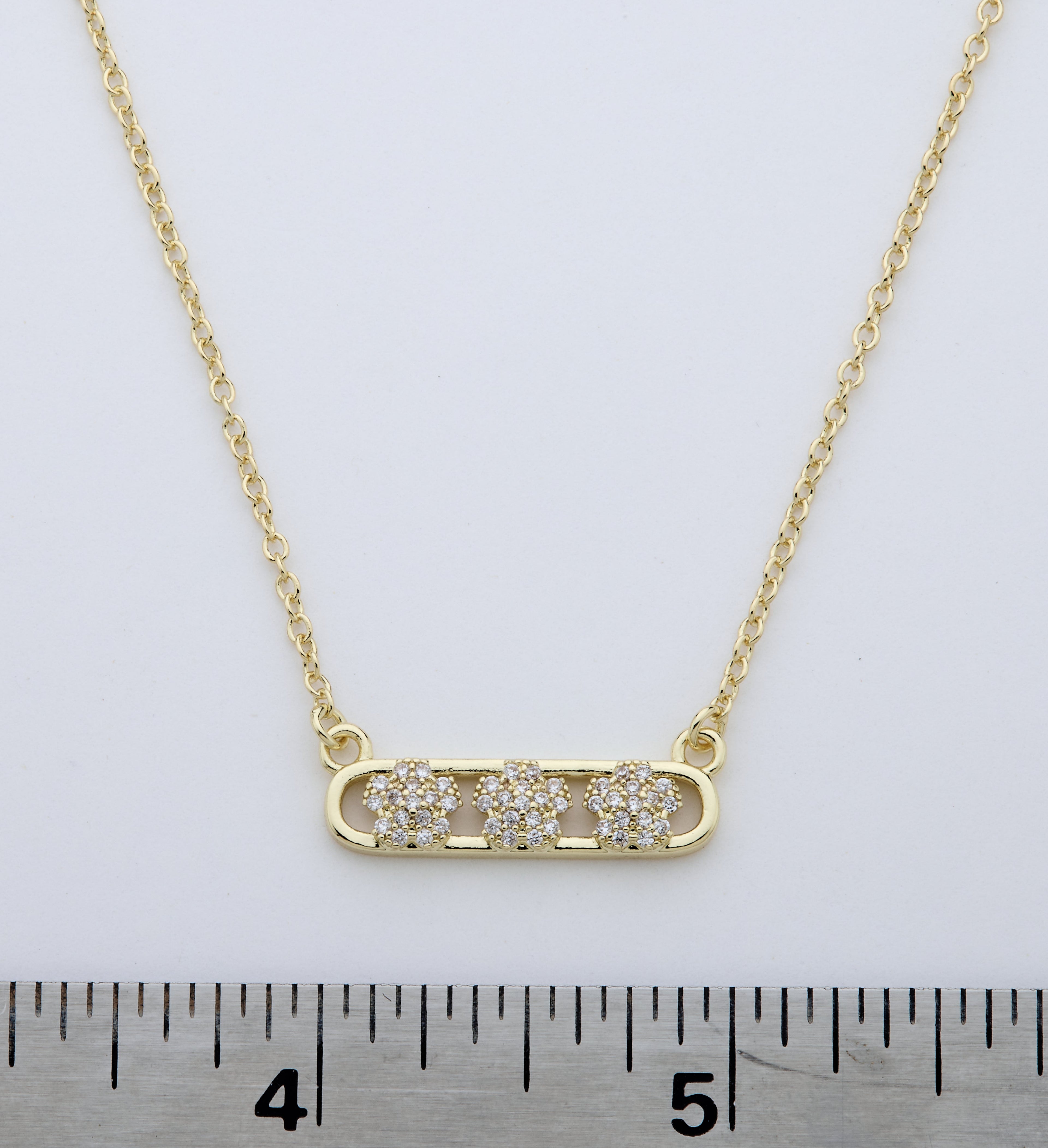 14K Gold Plated Necklace Accented With 3 Cz Flowers Bar Center