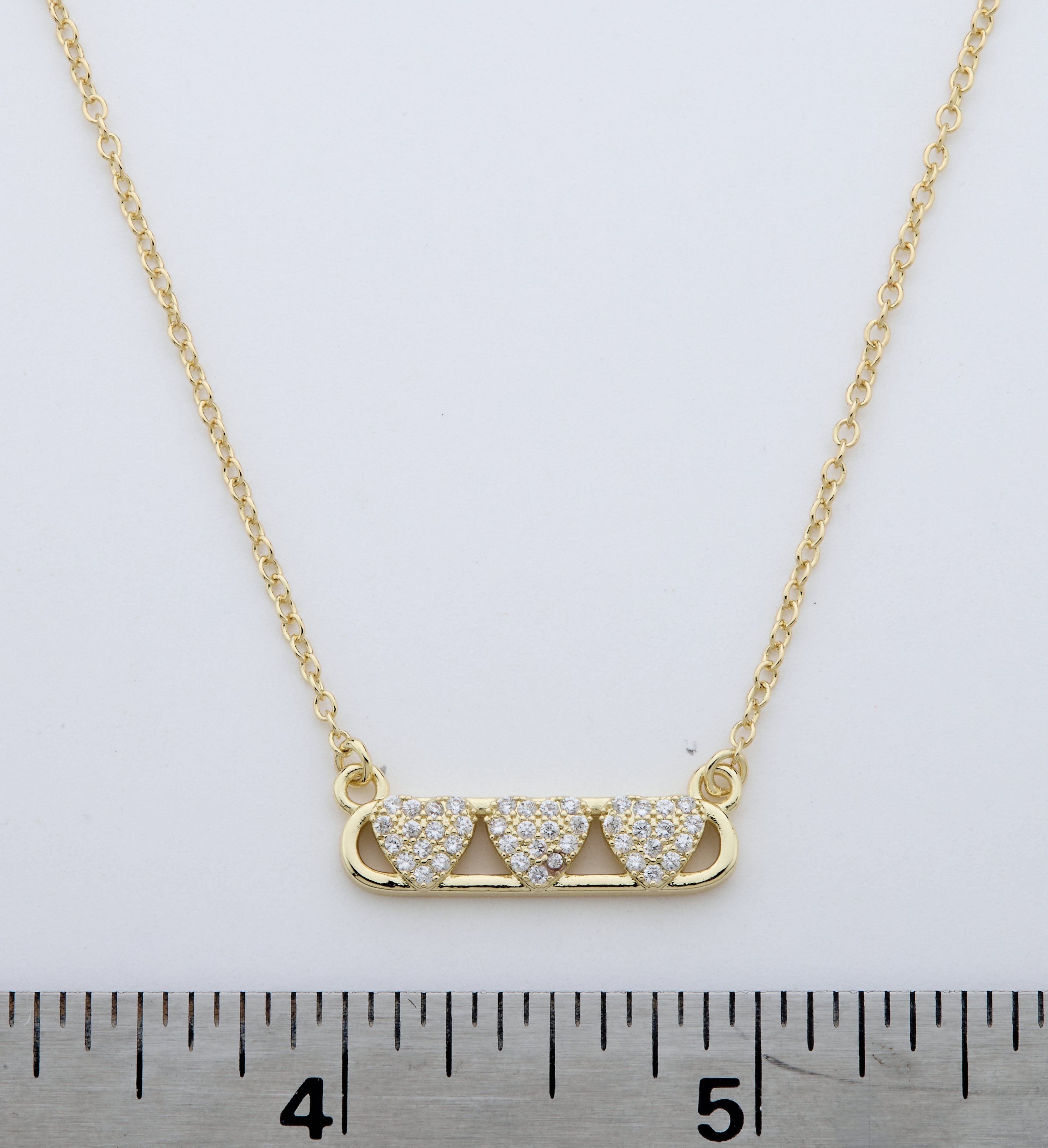 14K Gold Plated Necklace Accented With 3 Cz Hearts Bar Center