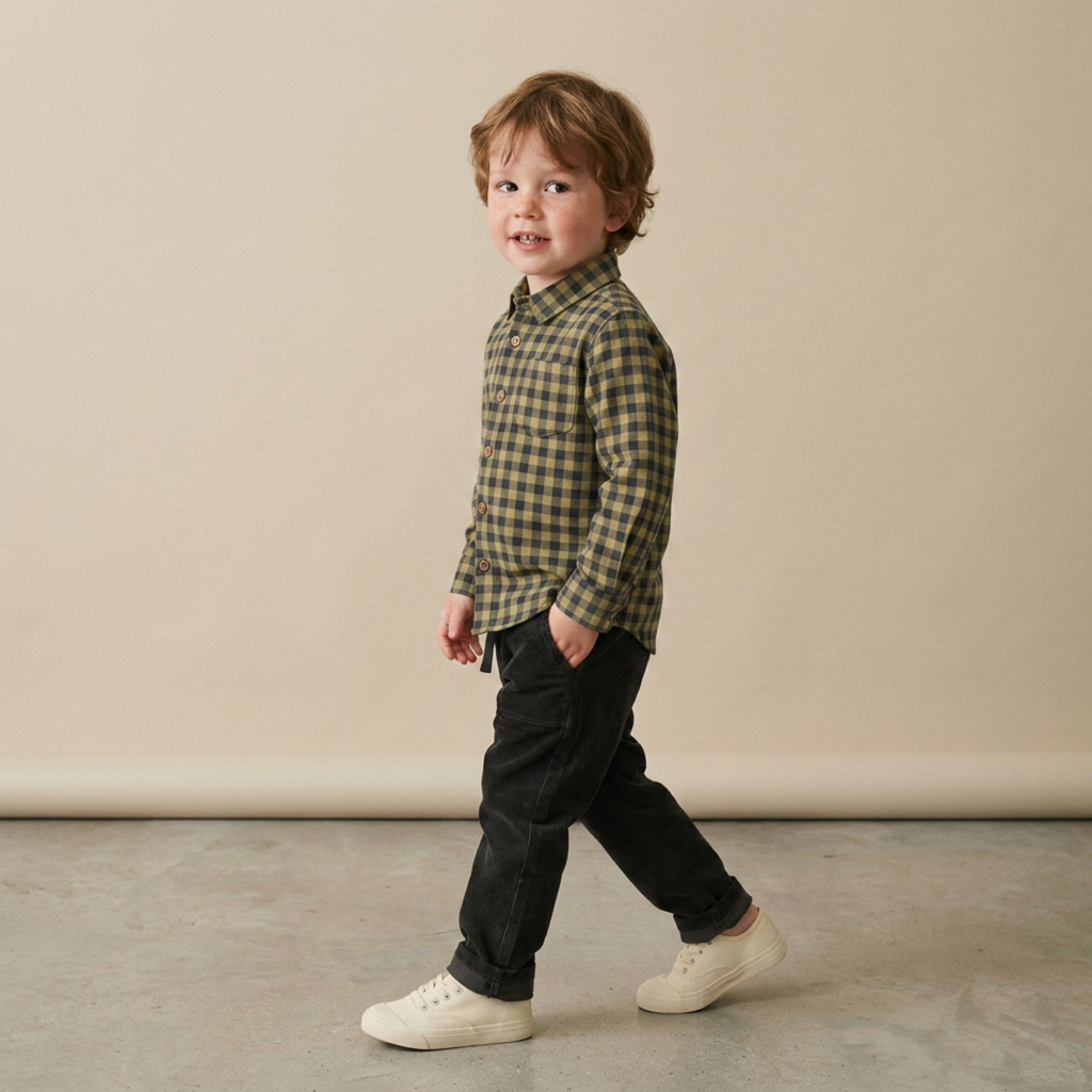 Organic Collared Long Sleeve Shirt - Olive Gingham