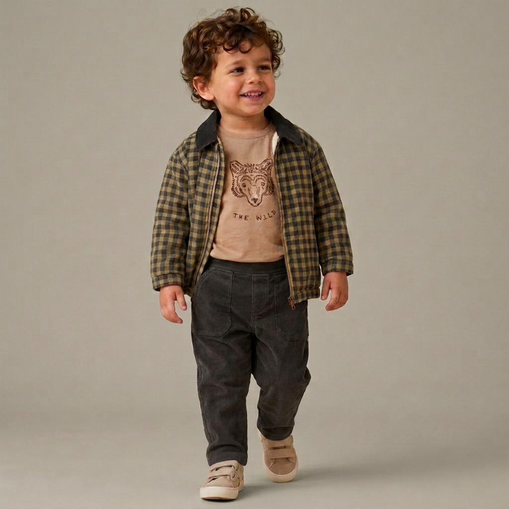 Organic Corduroy Collar Twill Jacket - Olive Gingham