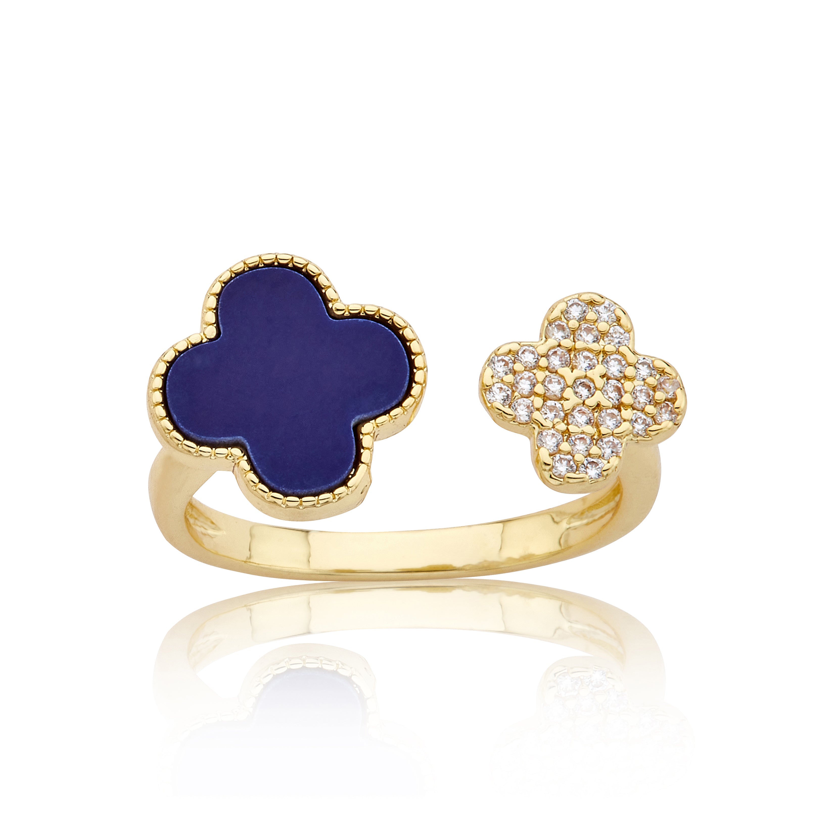 14K Gold Plated Clover and Cz Mini Clover Snake Ring