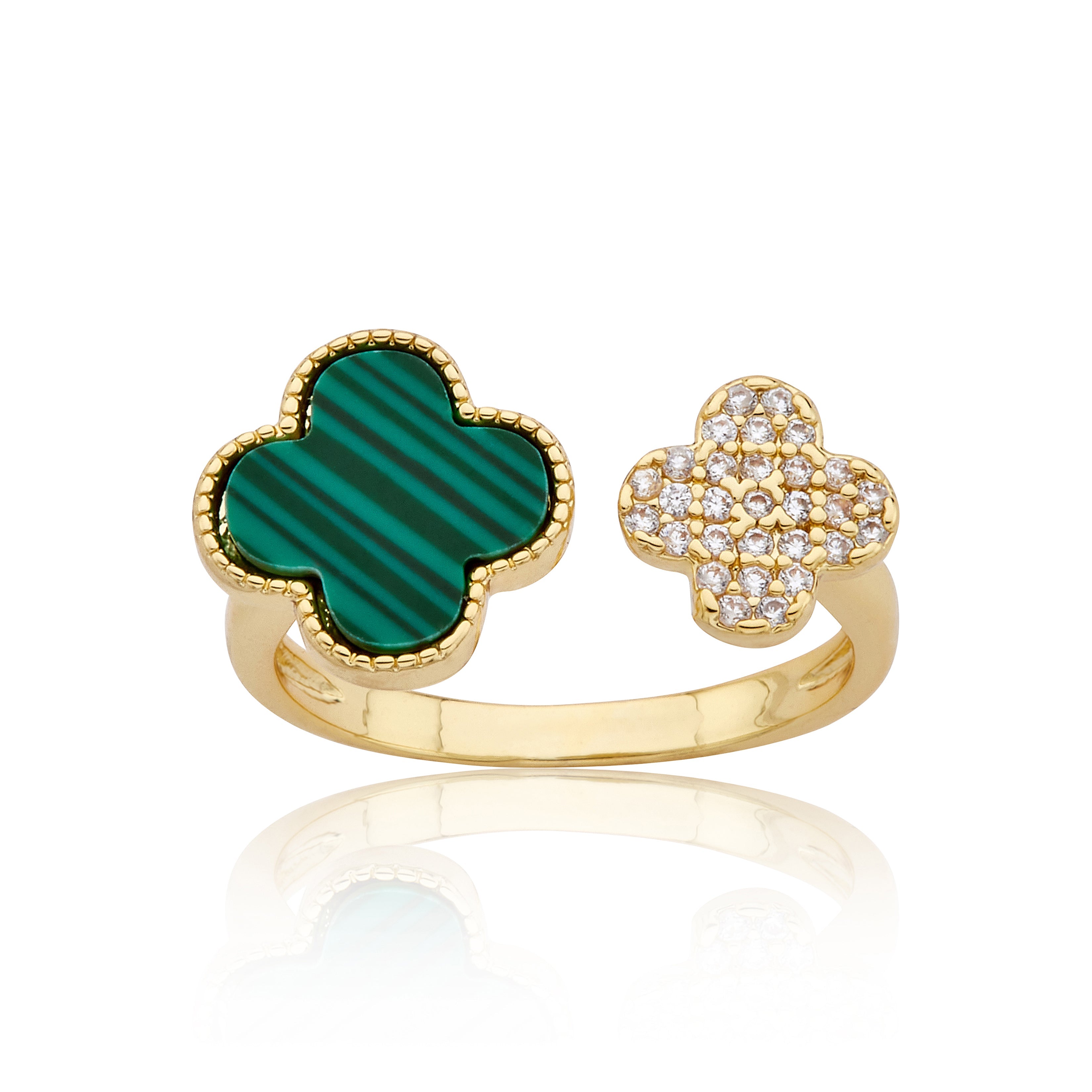 14K Gold Plated Clover and Cz Mini Clover Snake Ring