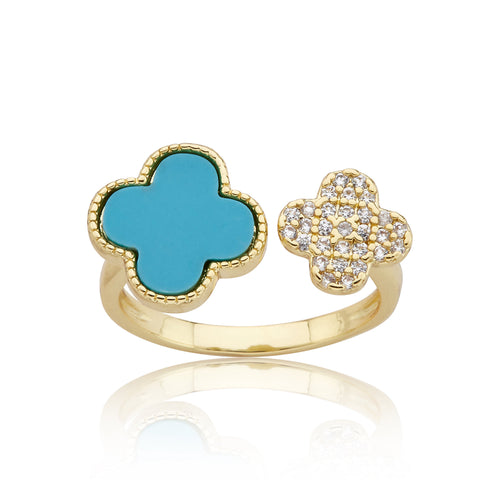 14K Gold Plated Clover and Cz Mini Clover Snake Ring