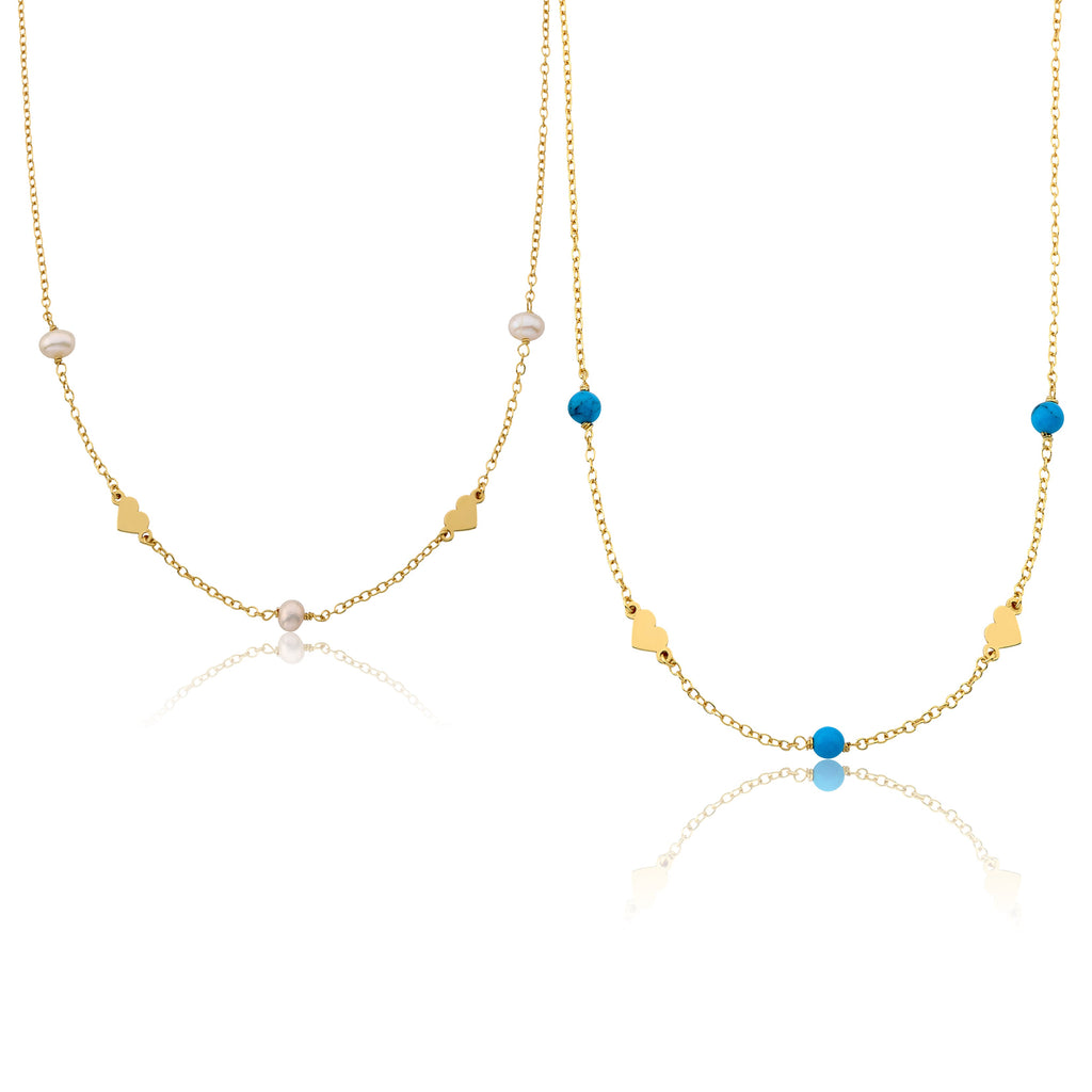 14K Gold Plated Fresh Water Pearl/ Turquoise Heart Station Necklace Set