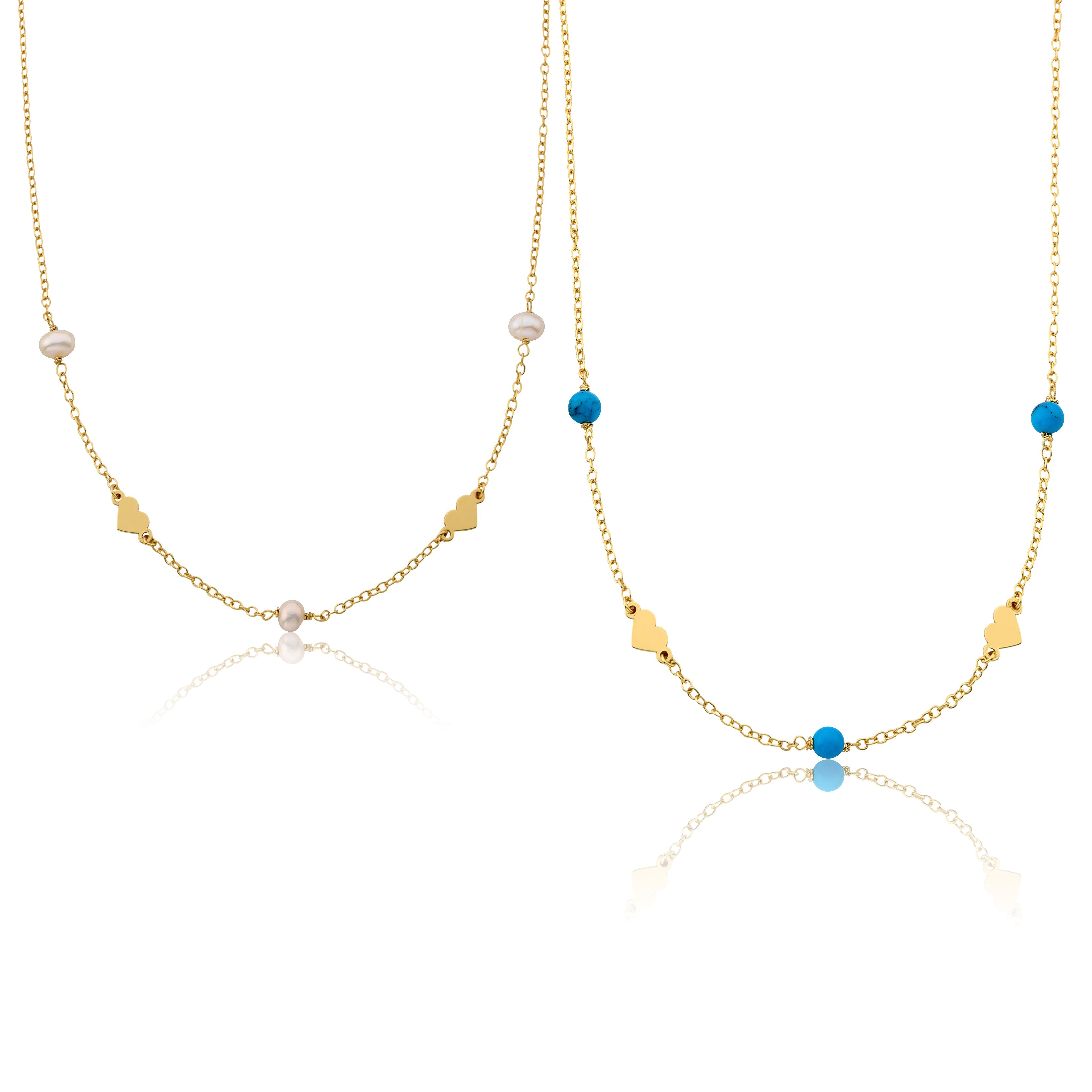 14K Gold Plated Fresh Water Pearl/ Turquoise Heart Station Necklace Set