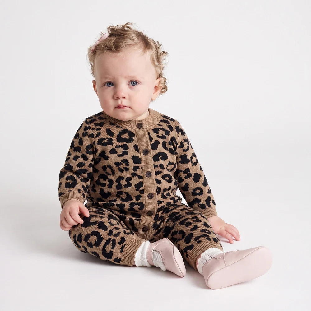 Leopard Baby Knit Button Romper
