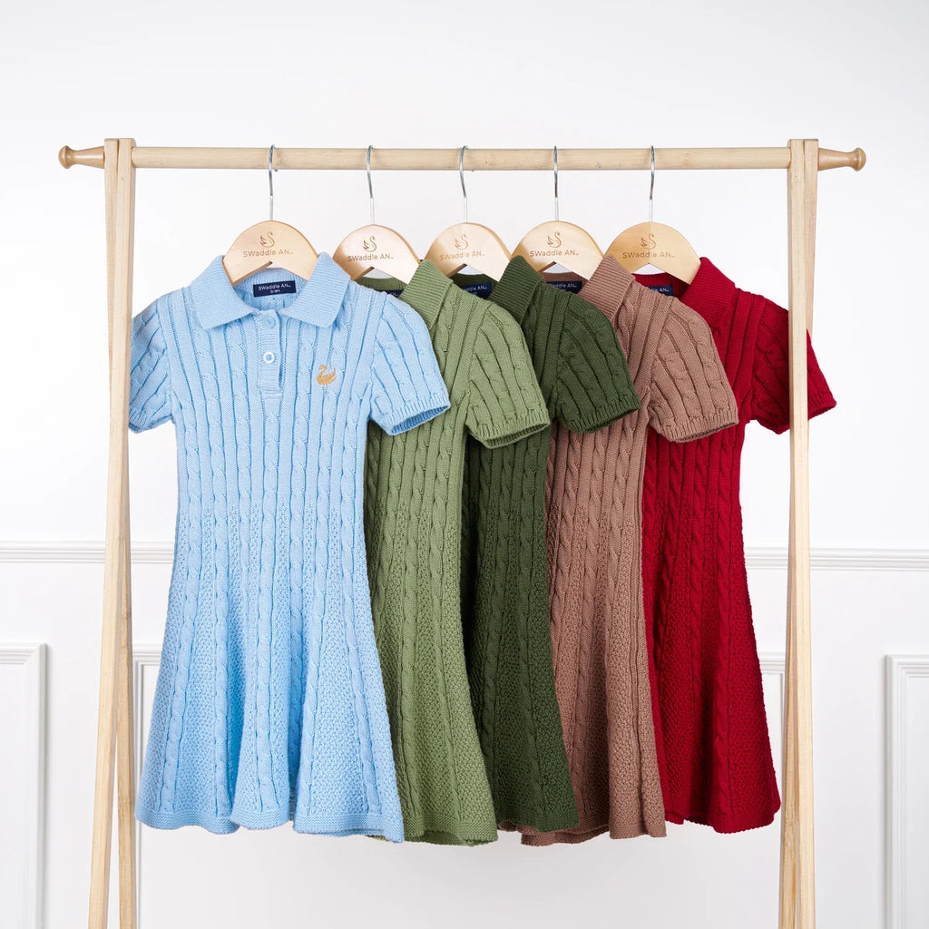 Cable Knit Polo Dress in Forest Green