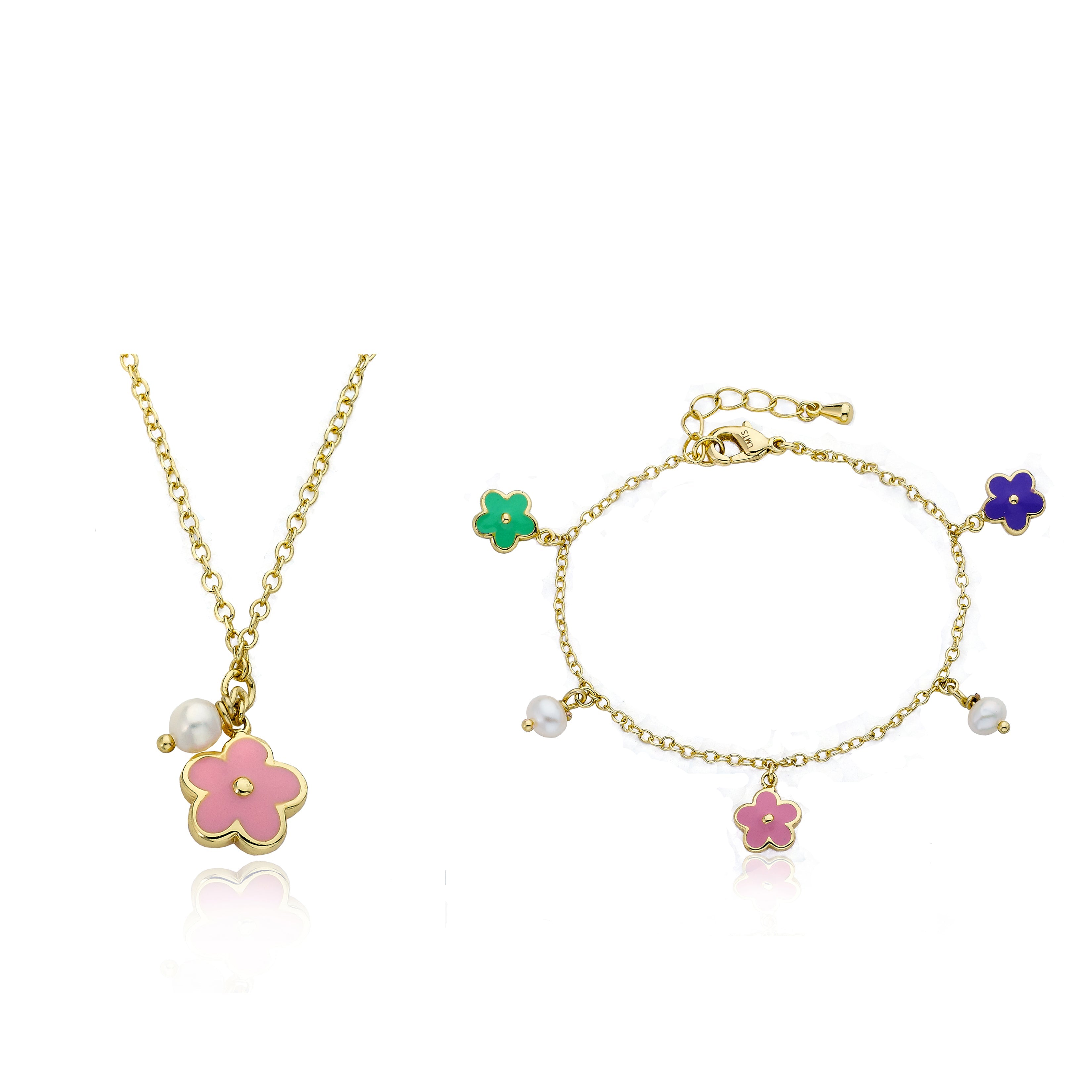 14k Gold Plated FROSTED FLOWERS Flowers & Fresh Water Pearl Charm Bracelet