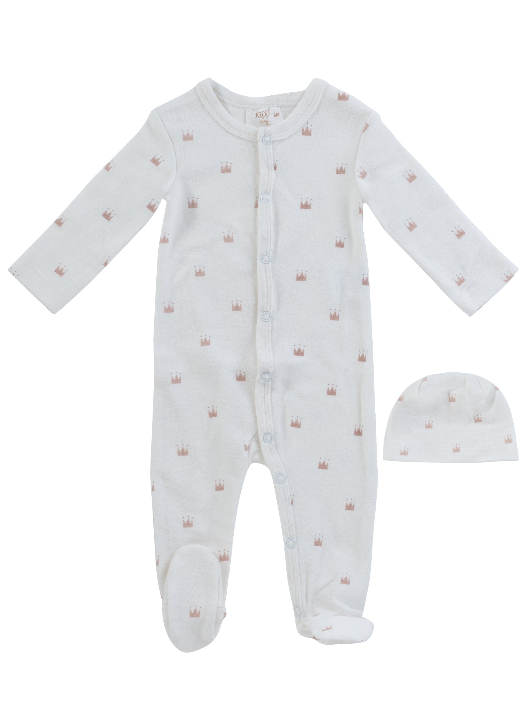 Little Crown Pattern Terry Footie + Hat - Pink