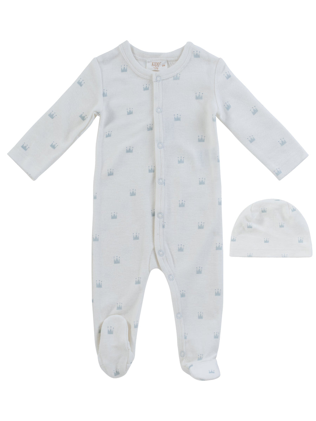 Little Crown Pattern Terry Footie + Hat - Blue