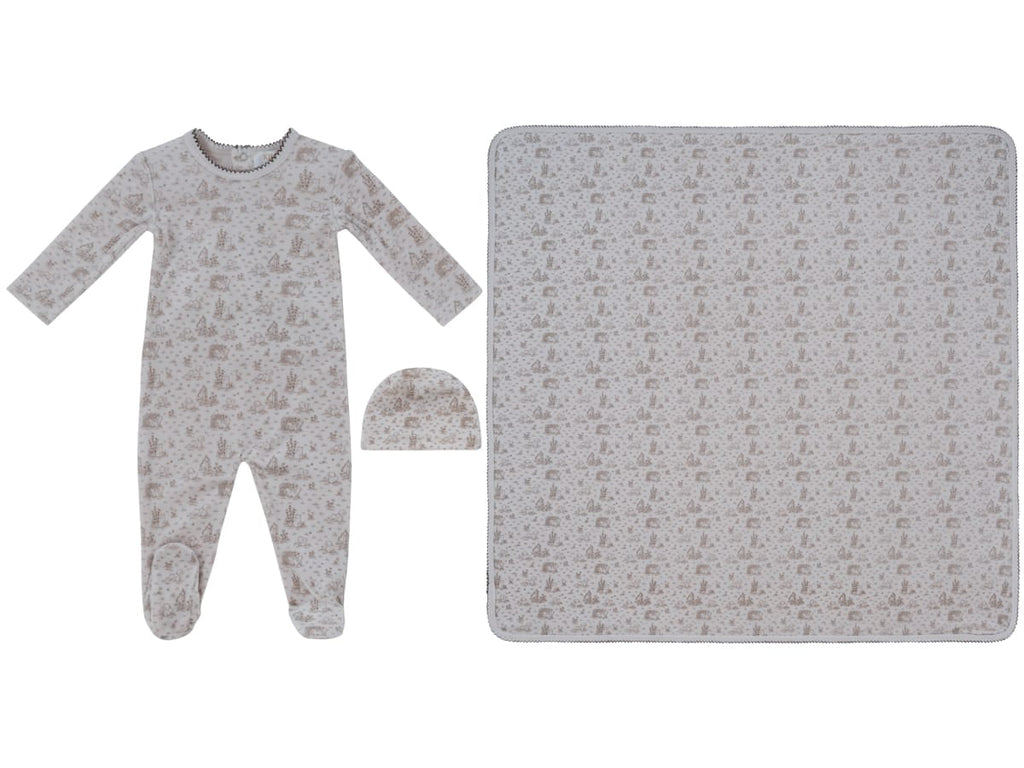 Woodland Toile Footie, Hat & Blanket Set - Taupe