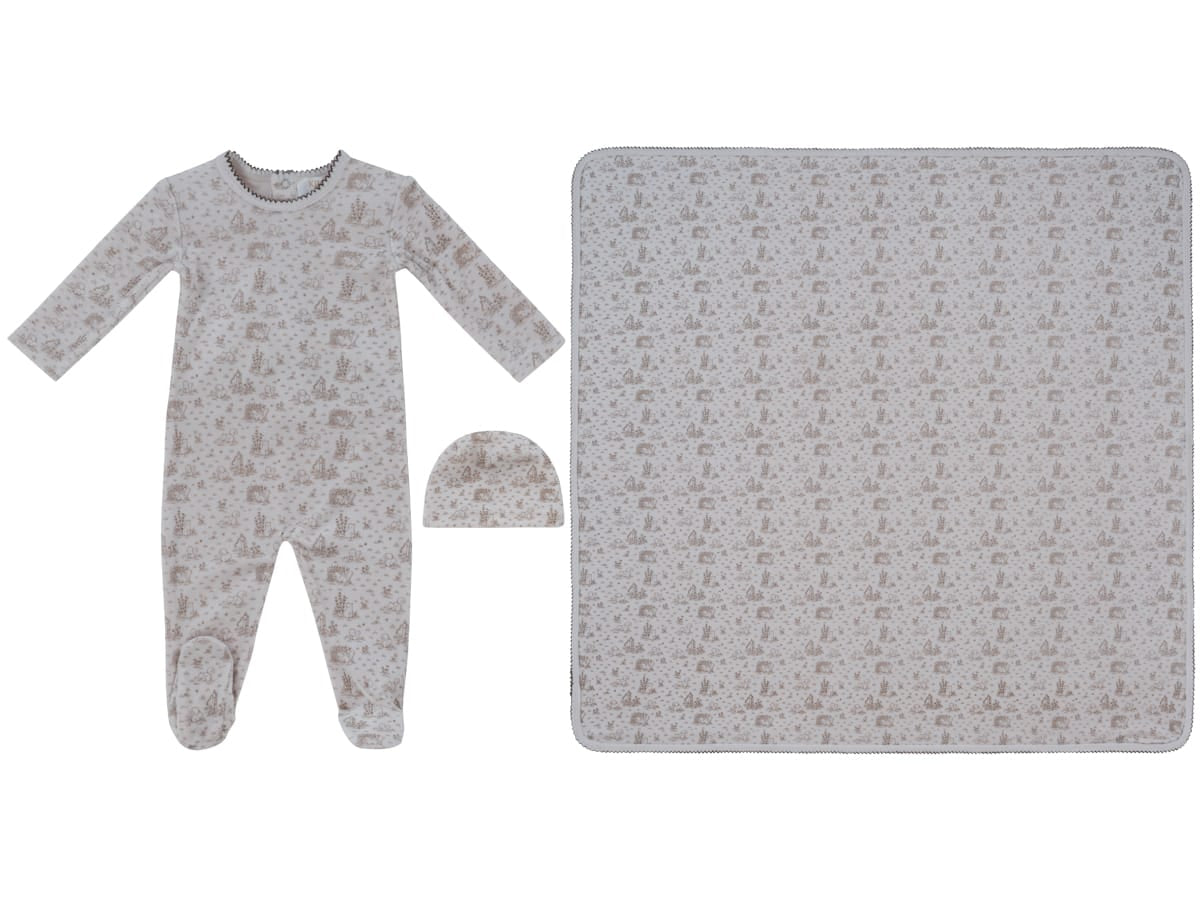 Woodland Toile Footie, Hat & Blanket Set - Taupe