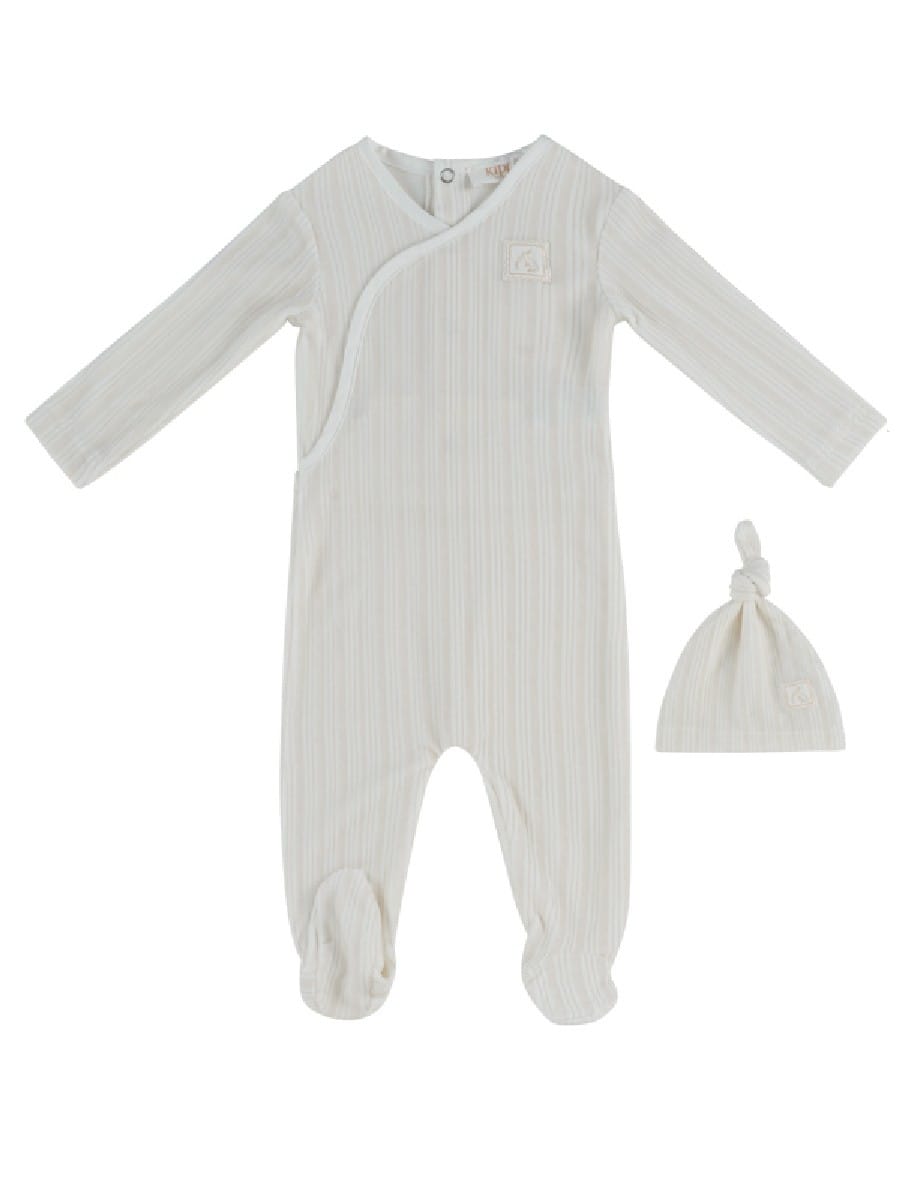 Stripe Stamp Footie & Hat Set - Stone