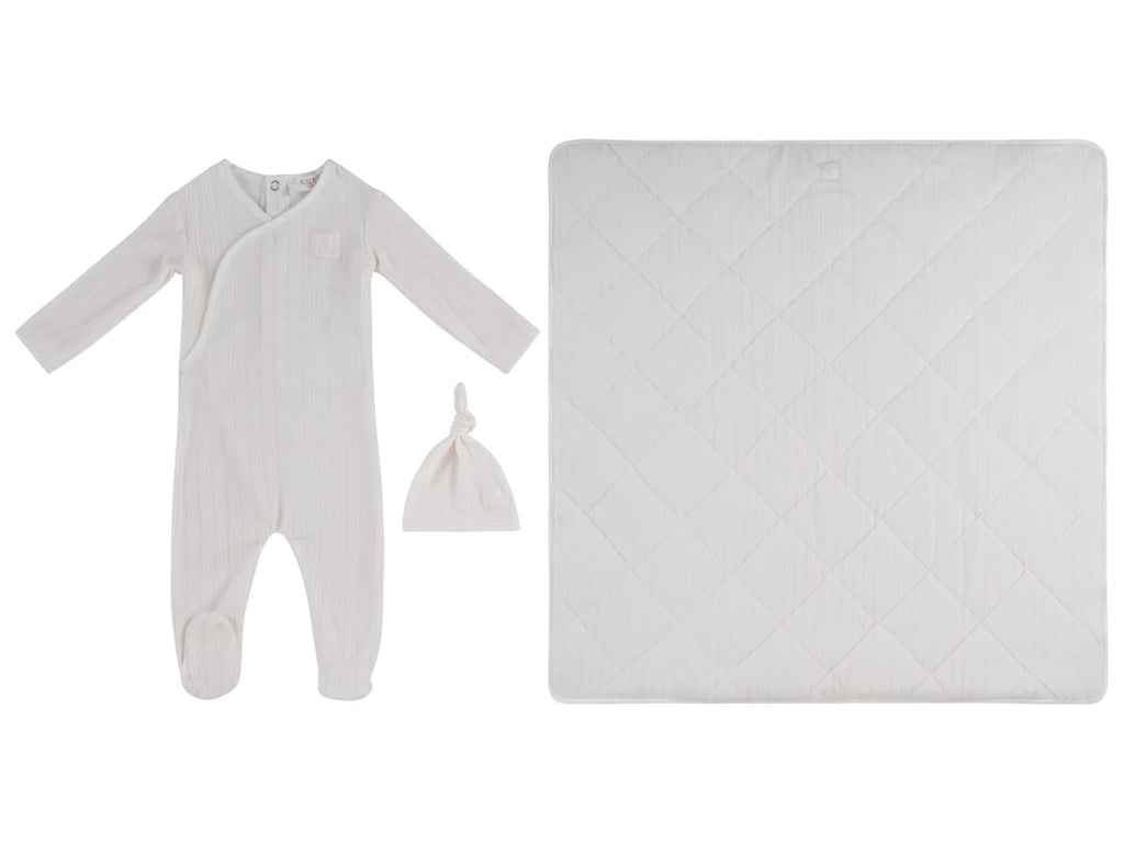 Stripe Stamp Footie, Hat & Blanket Set - Pink