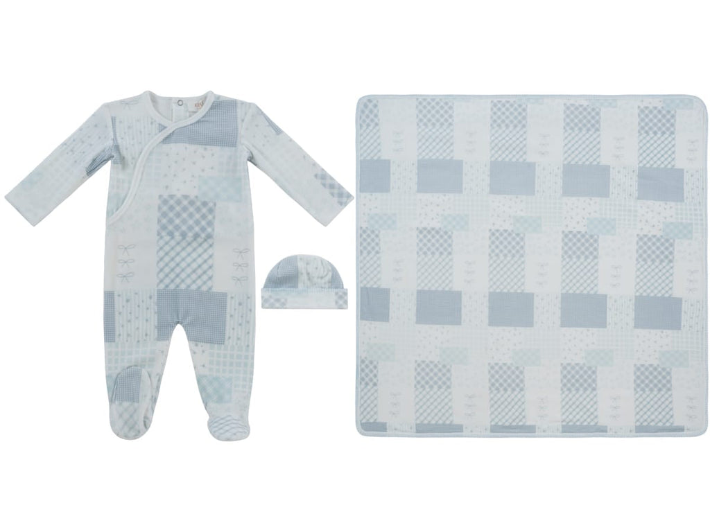 Patchwork Footie, Hat & Blanket Set - Blue