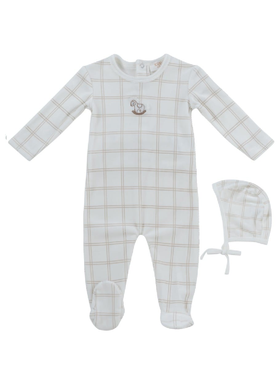 Whinny Plaid Footie & Hat Set - Stone