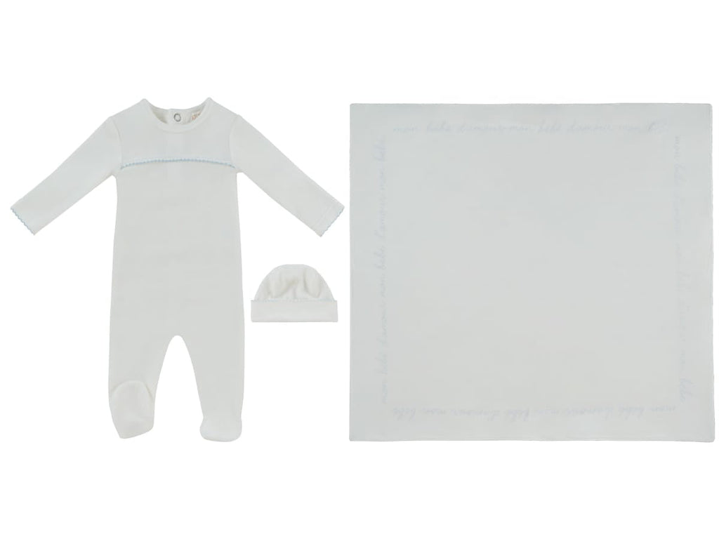 Mon Bebe D'Amour Footie, Hat & Blanket Set - Blue