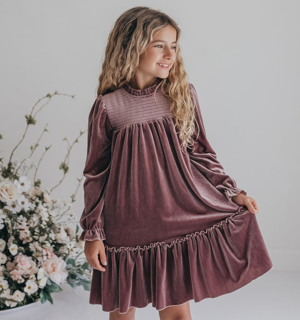 Alexa Dusty Rose Smocked Velvet Dress