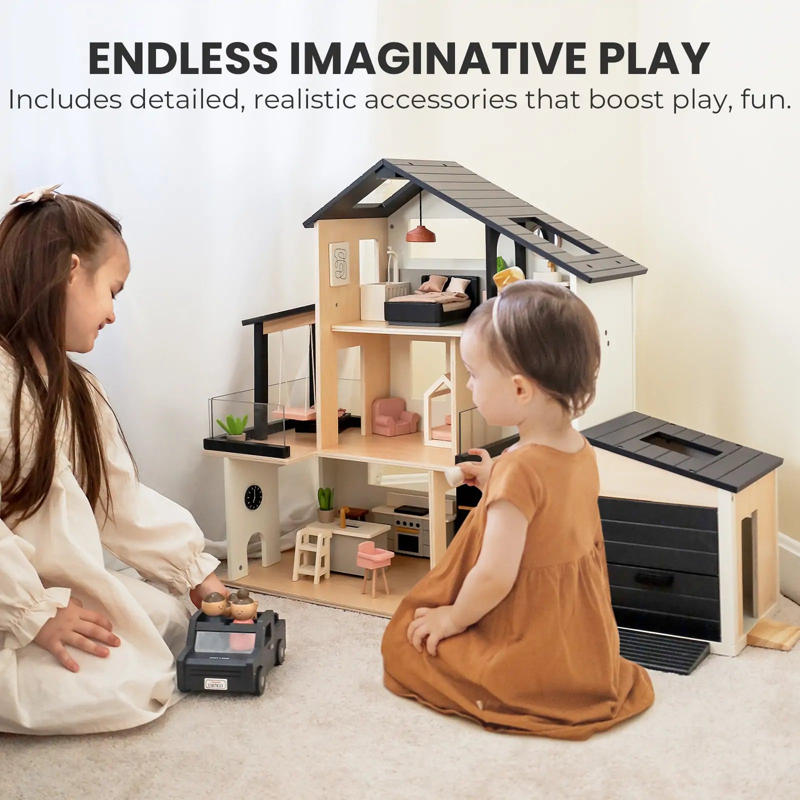 Sweet Family Gift Set: Black Dollhouse & Dollhouse Garage & Extra Dolls Set