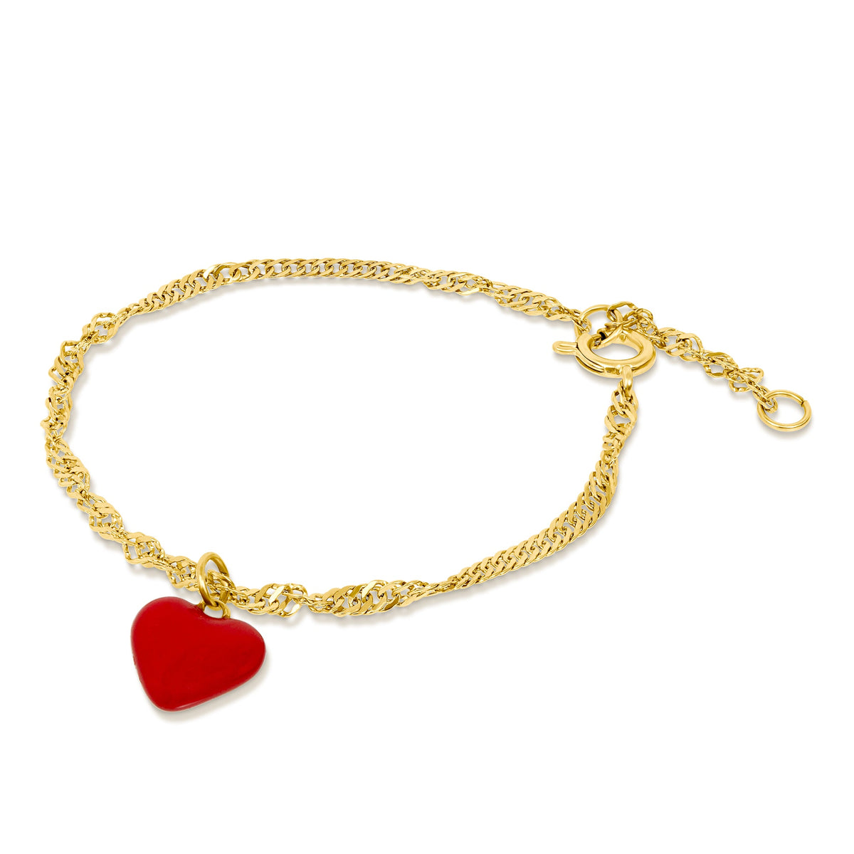 Gold chain bracelet with red heart
