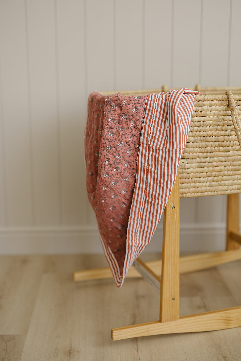 Vintage Pink Floral + Pink Stripes Muslin Quilt