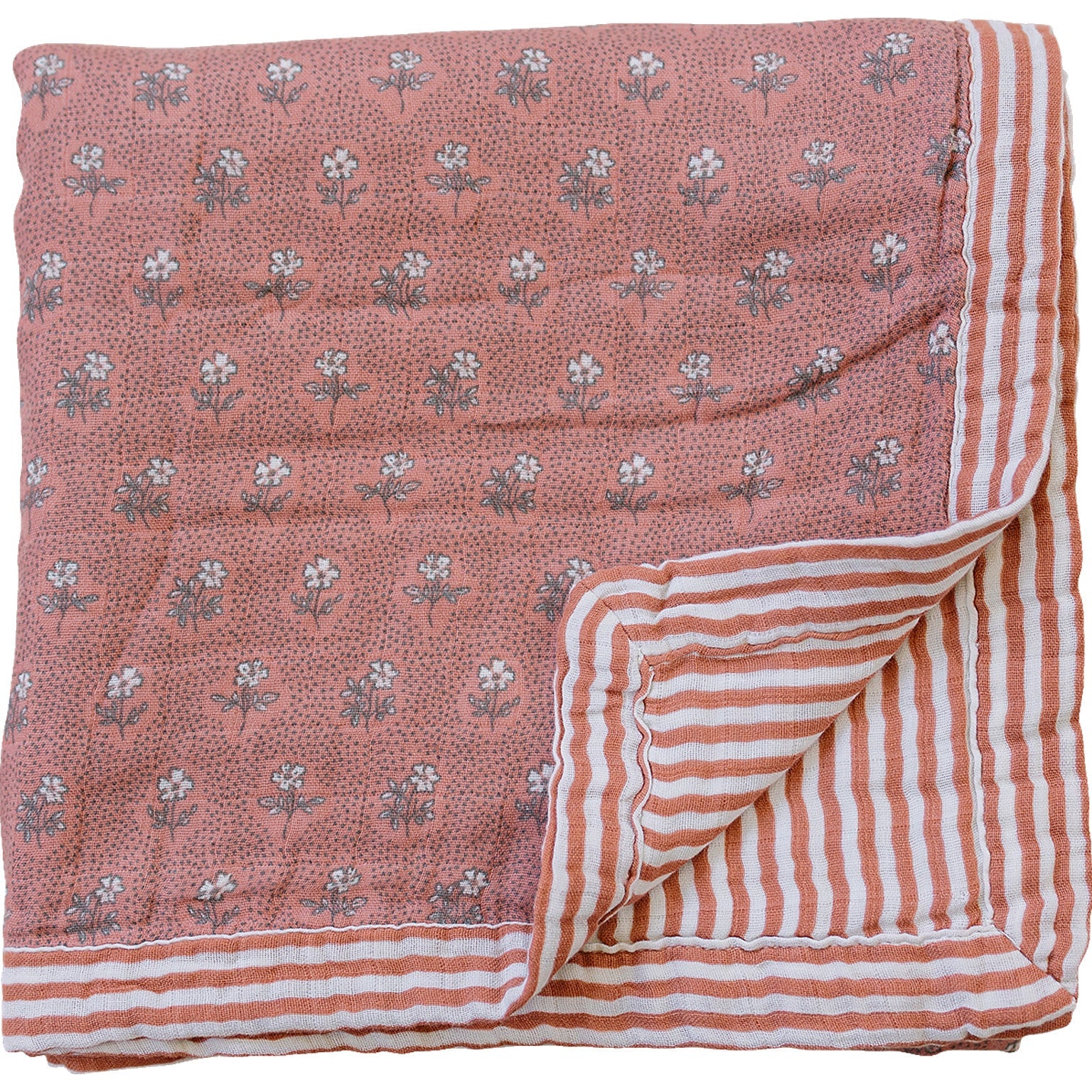 Vintage Pink Floral + Pink Stripes Muslin Quilt