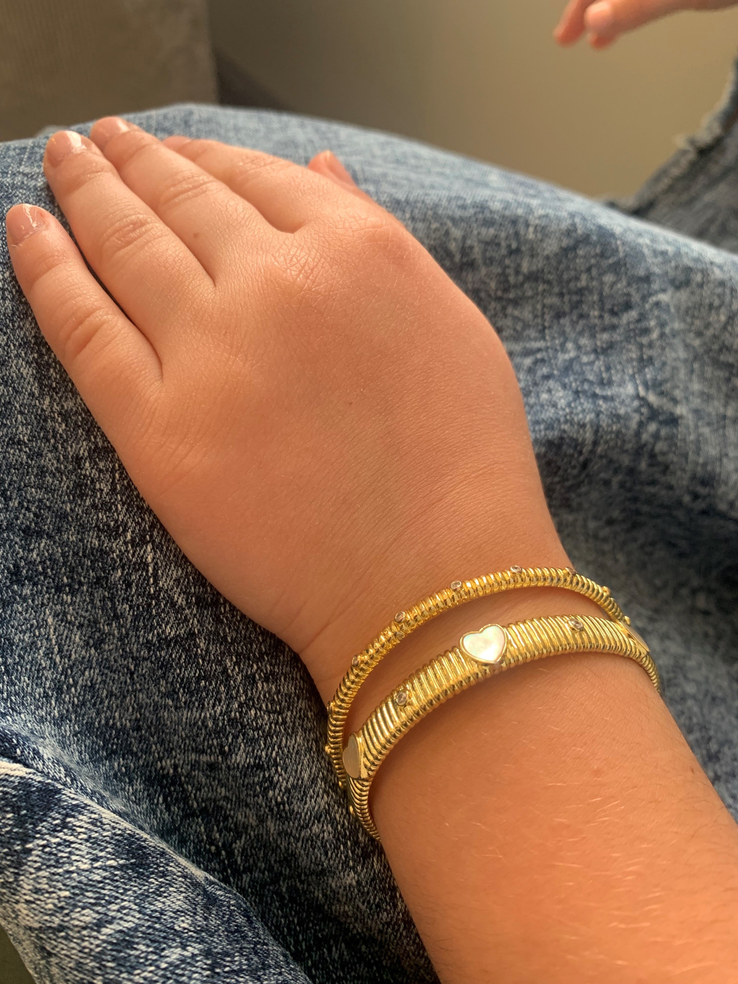 Ribbed Bangle With Cz & Mother Of Pearl Hearts