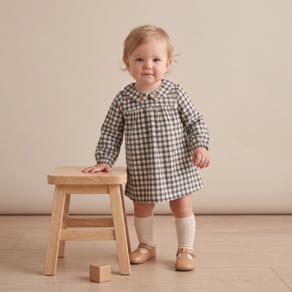 Organic Peter Pan Collar Dress - Charcoal Plaid
