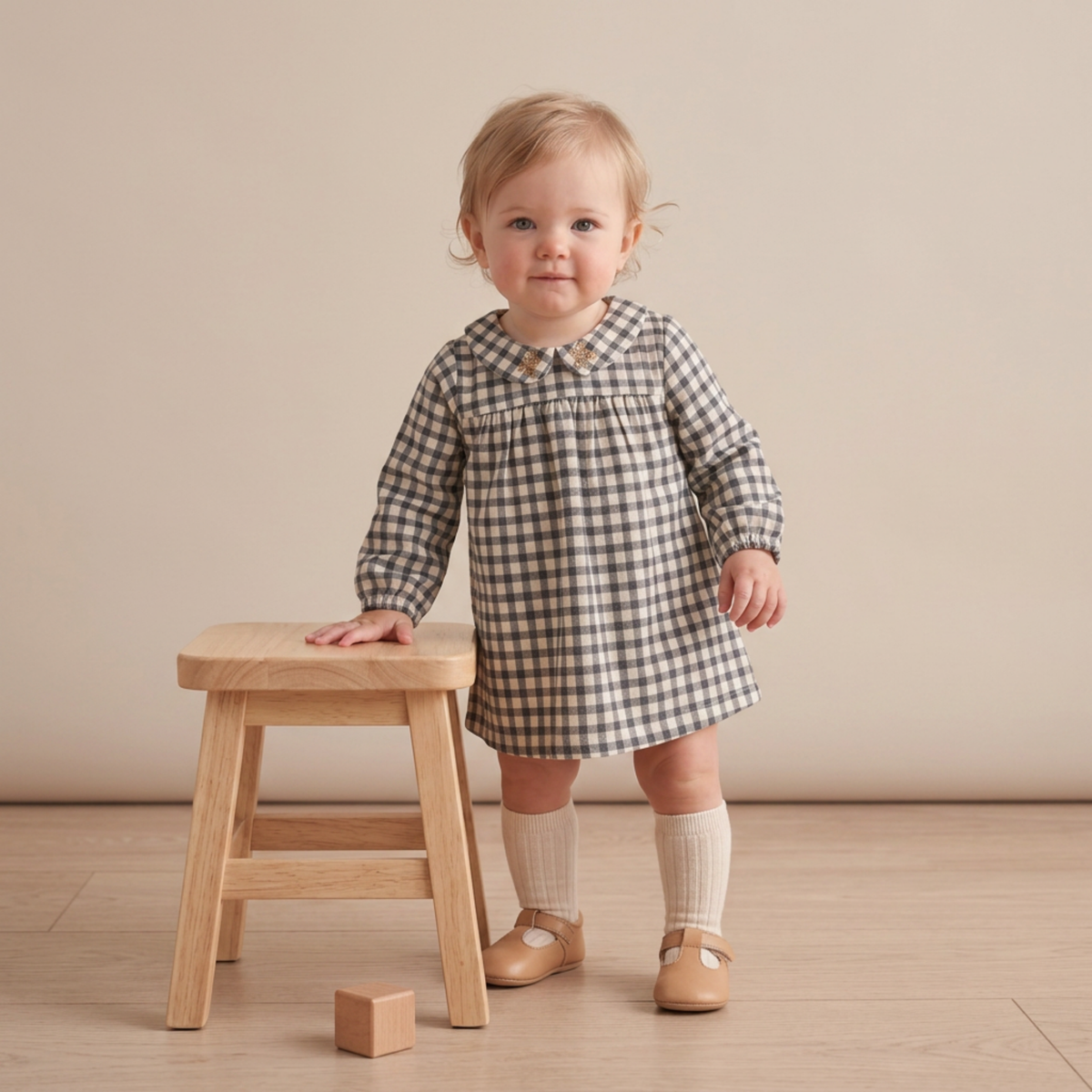 Organic Peter Pan Collar Dress - Charcoal Plaid