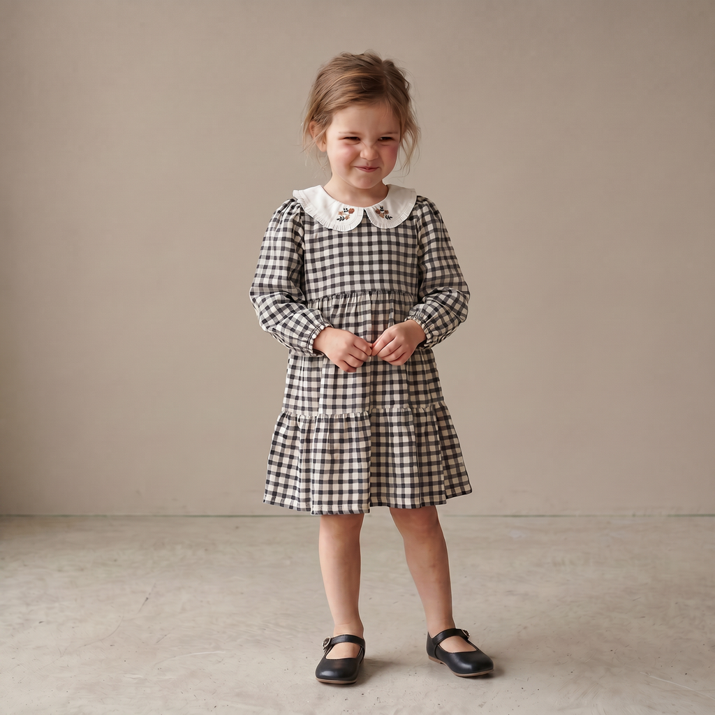 Organic Collar Tiered Dress - Charcoal Plaid