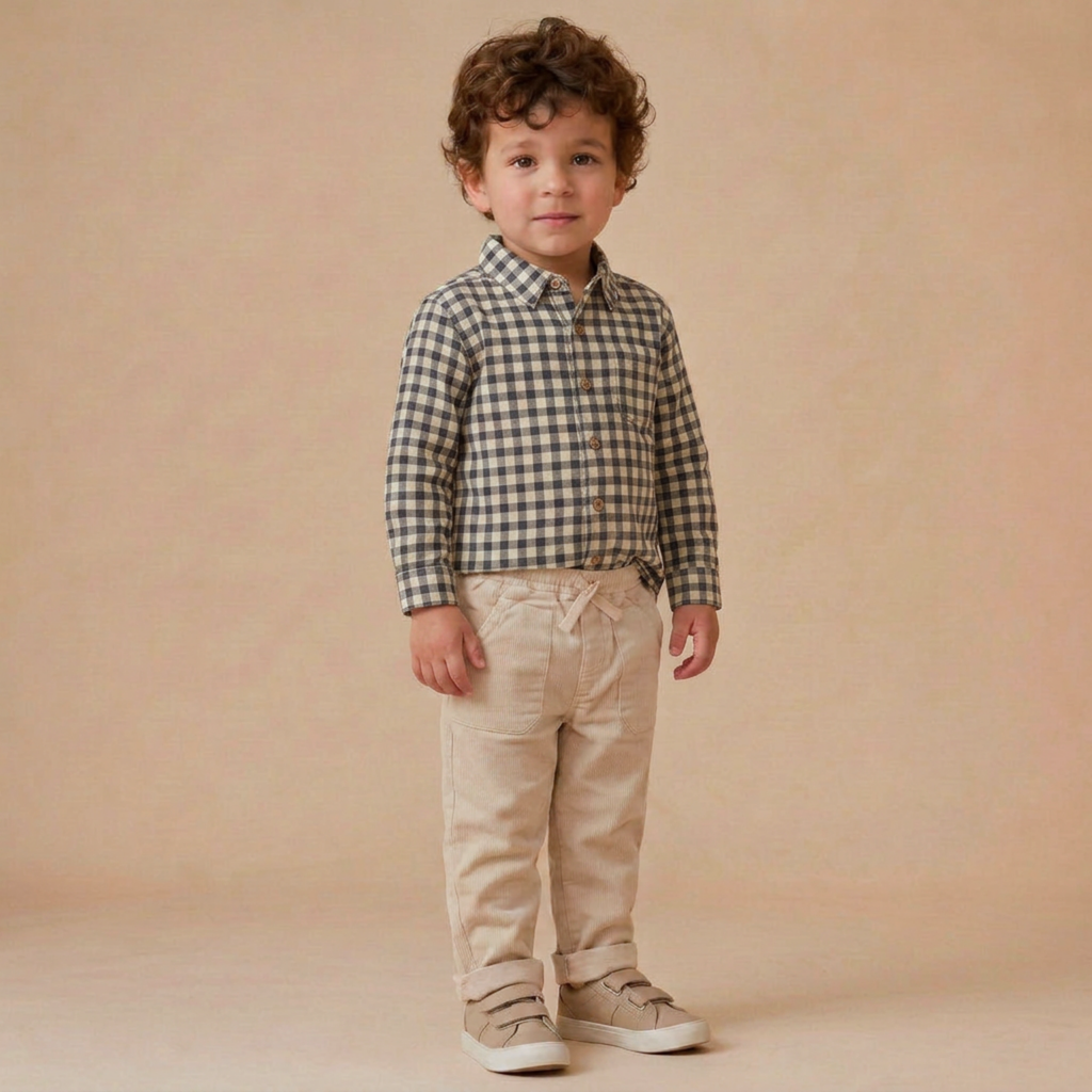 Organic Collared Long Sleeve Shirt - Charcoal Plaid