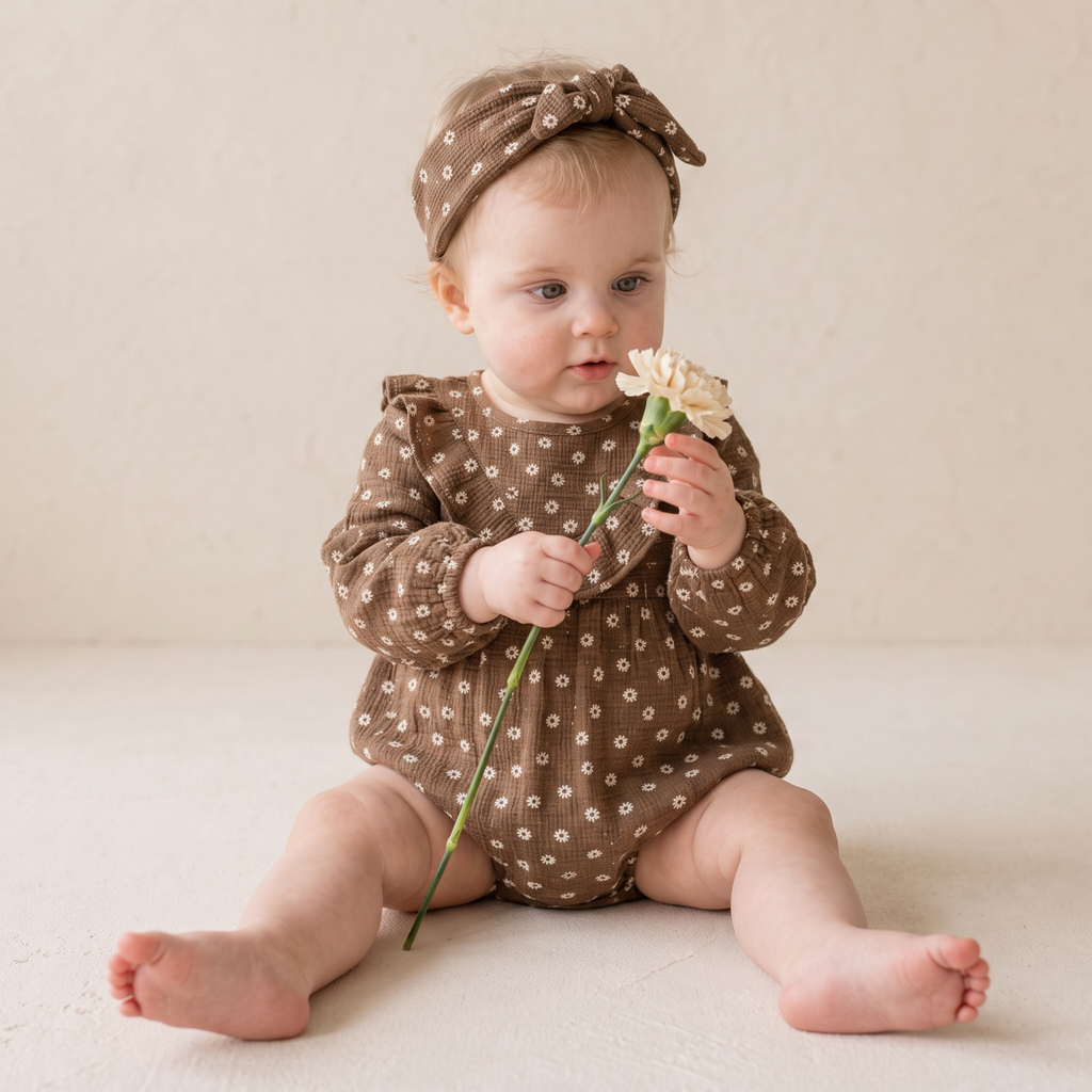 Organic Ruffle Bubble Romper - Chestnut Bloom