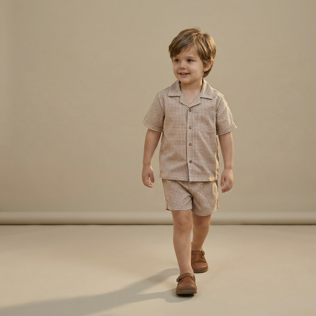 Organic Shirt & Shorts Set - Caramel Check