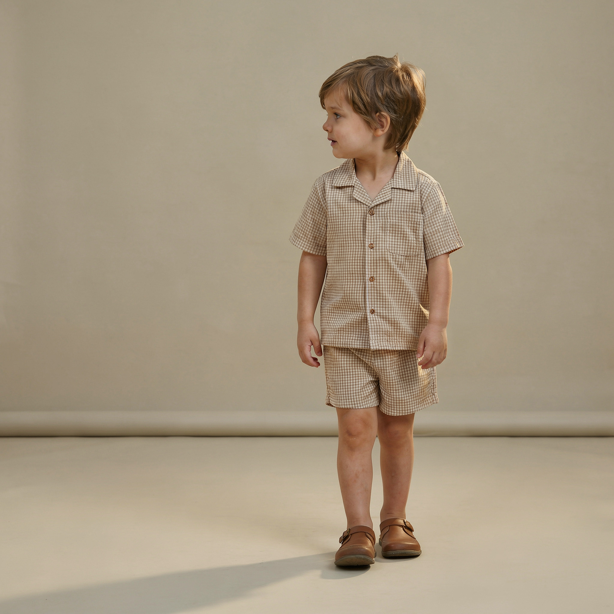 Organic Shirt & Shorts Set - Caramel Check