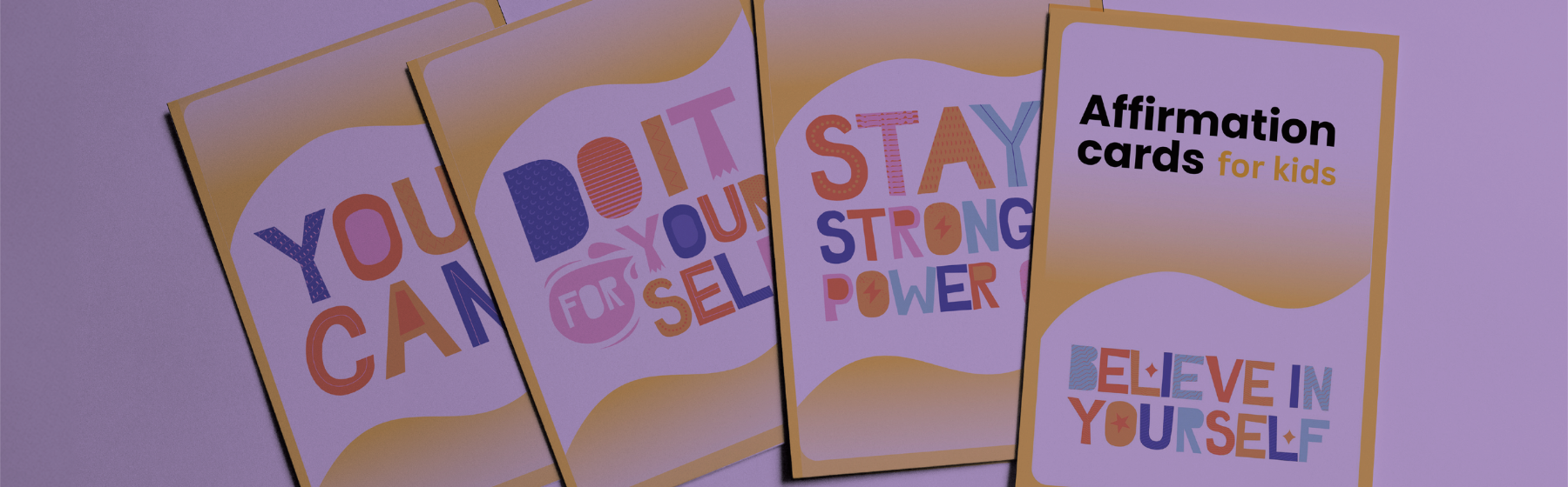 Banner promoting the affirmation cards from KiddoLux, featuring vibrant and uplifting designs that encourage positive thinking and self-confidence in children, helping to create a supportive and nurturing environment for their emotional development.