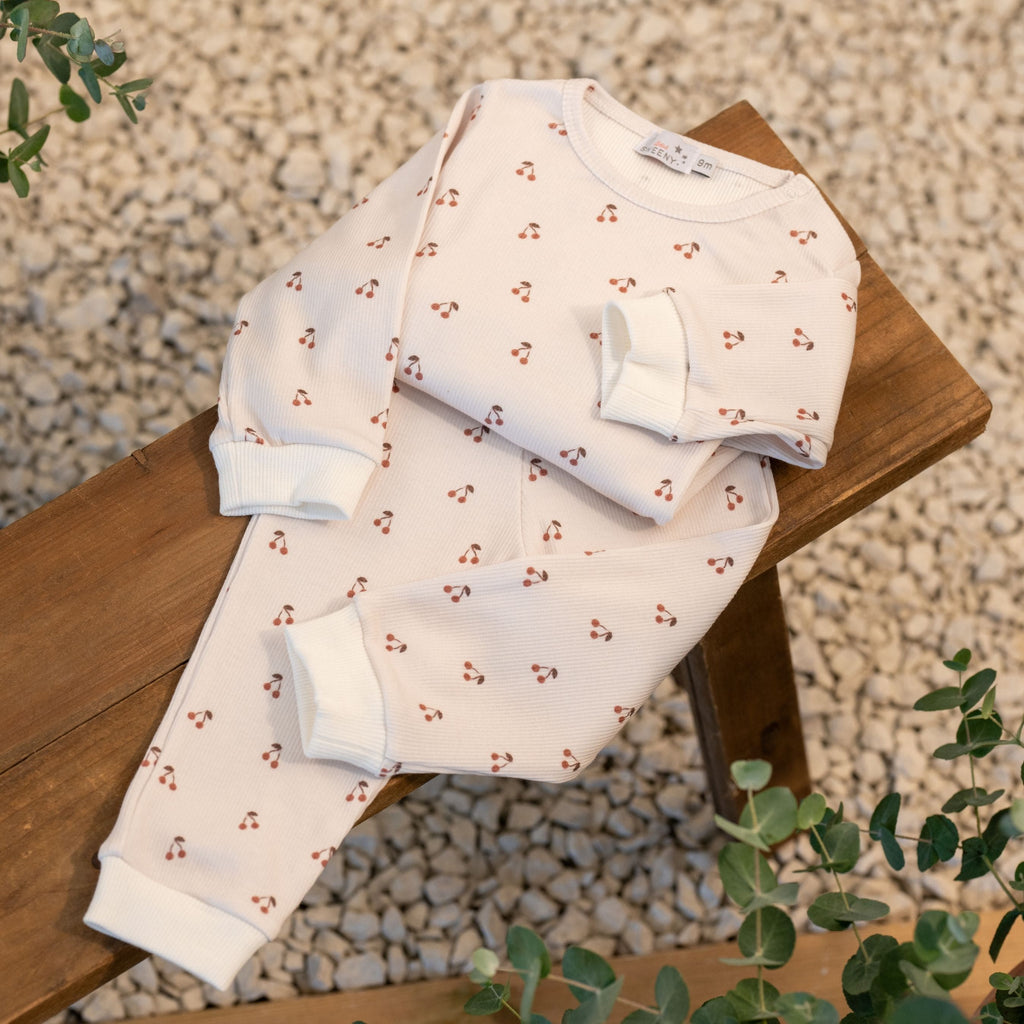 LEHANE | Girls Ivory & Red Cherry Print Rib Cotton Set