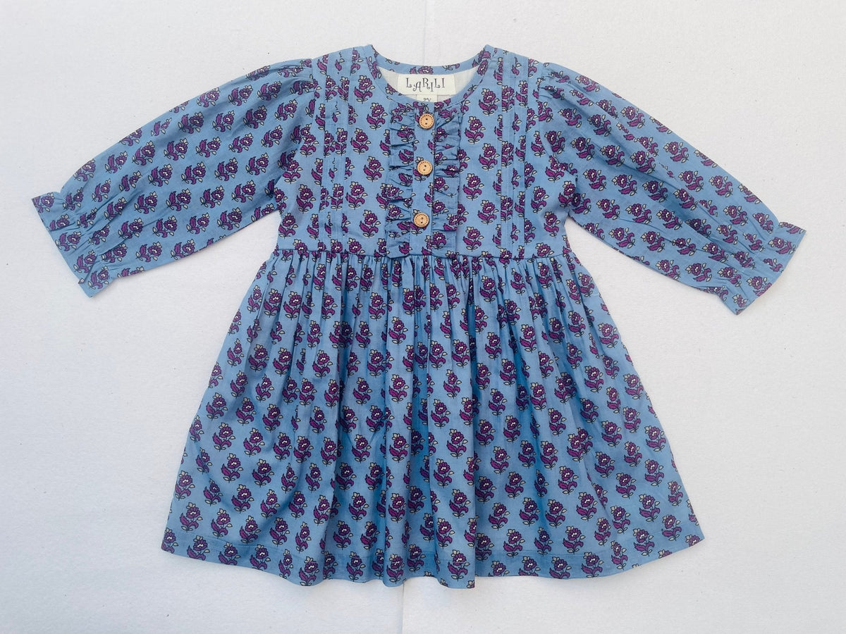 Long Sleeves Pale Blue Hand Block Printed Girl's Dress