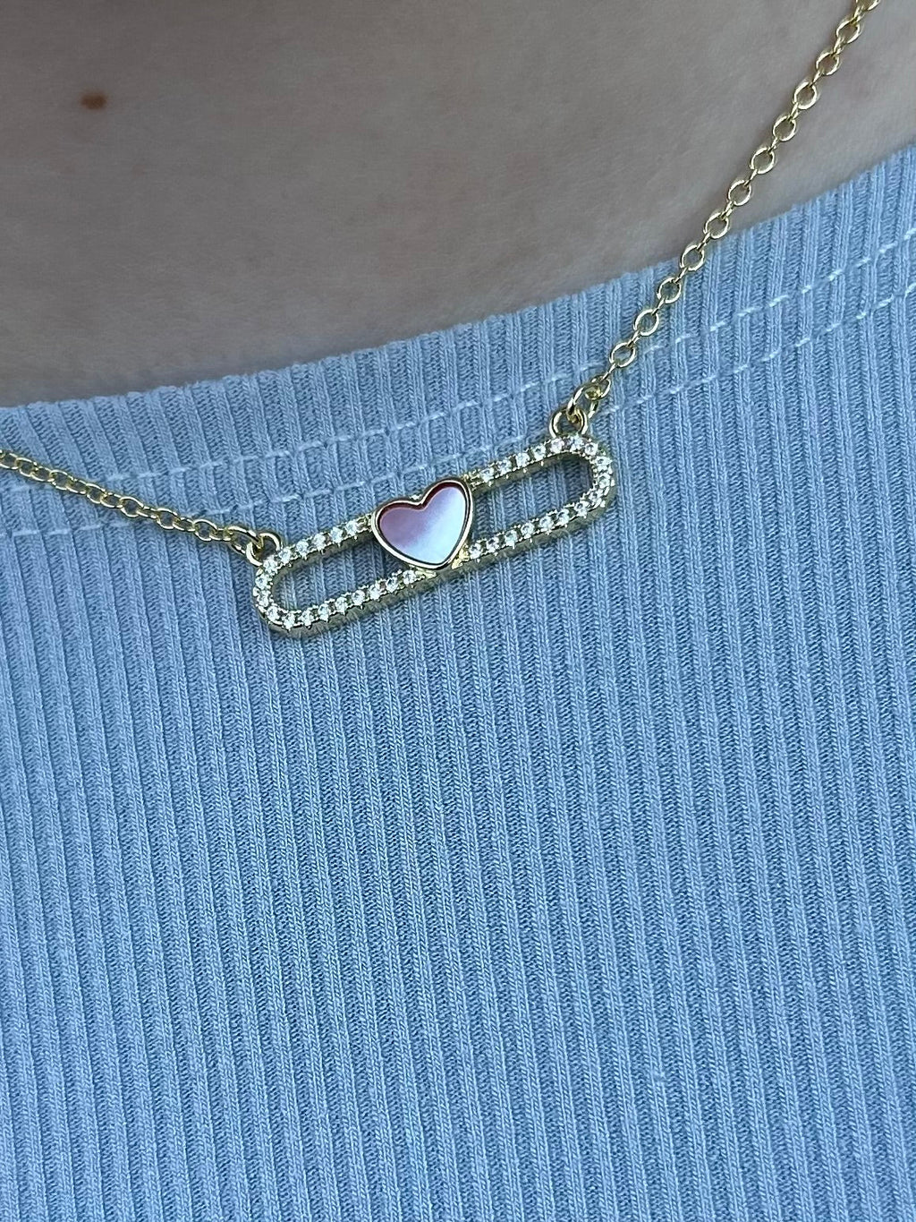 14K Gold Plated Necklace Accented With Cz & Mother Of Pearl Heart Bar Center