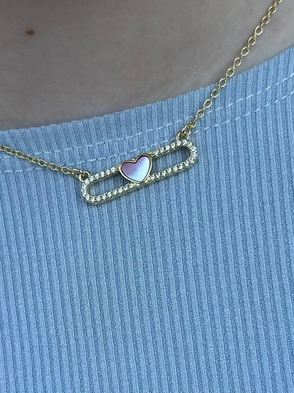 14K Gold Plated Necklace Accented With Cz & Mother Of Pearl Heart Bar Center